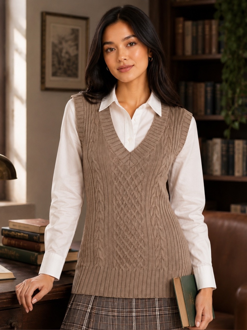 Twenty One Taupe Cable Knit Sweater Vest Womens Sleeveless V Neck Long Tunic Top